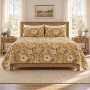 Warm ochre quail sunflower quilt set front view