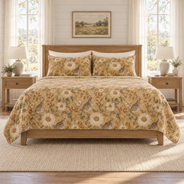 Warm Ochre Quail Sunflower Quilt Set, Farmhouse Bedding, Gift for Bird Watchers