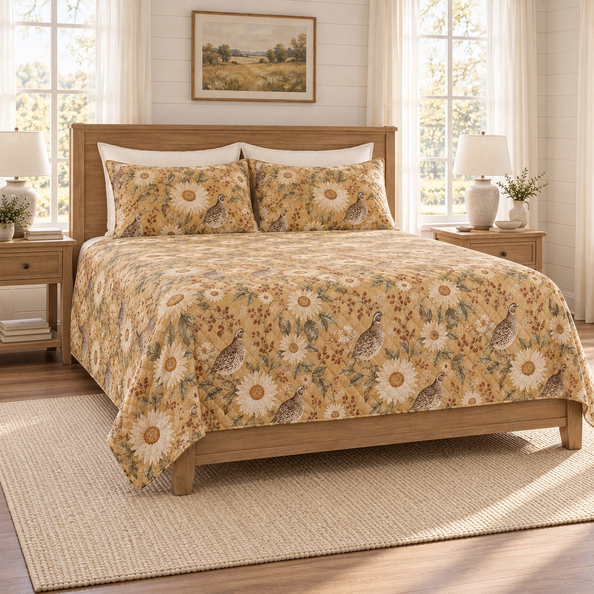 Warm ochre quail sunflower quilt set left angle