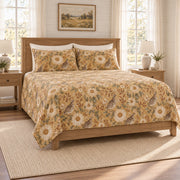 Warm ochre quail sunflower quilt set left angle