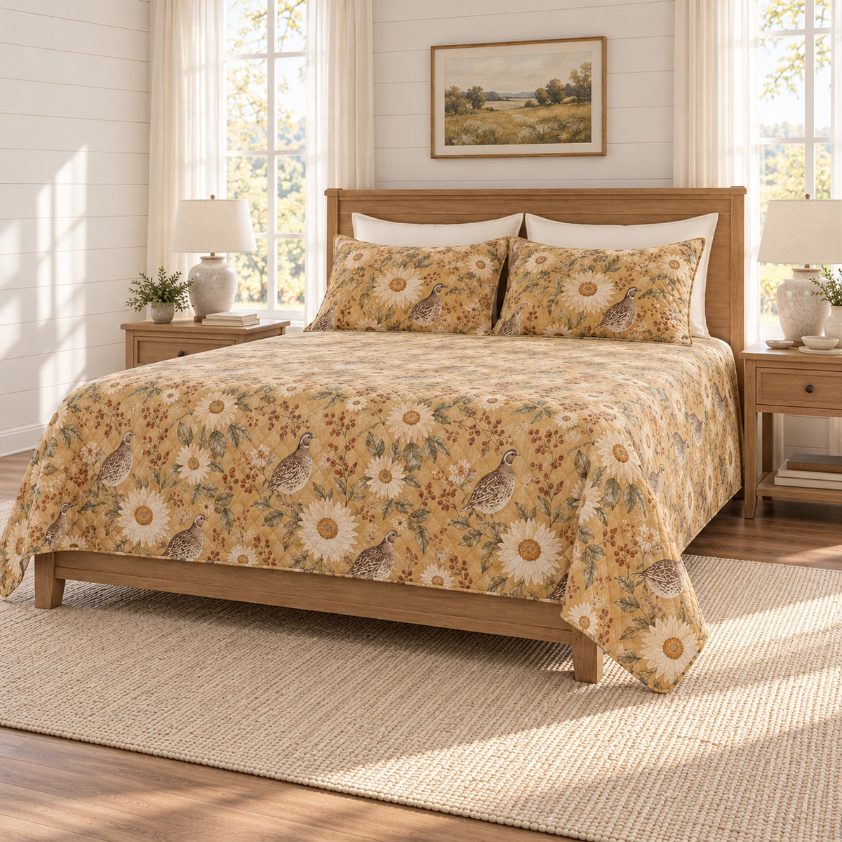 Warm ochre quail sunflower quilt set right angle