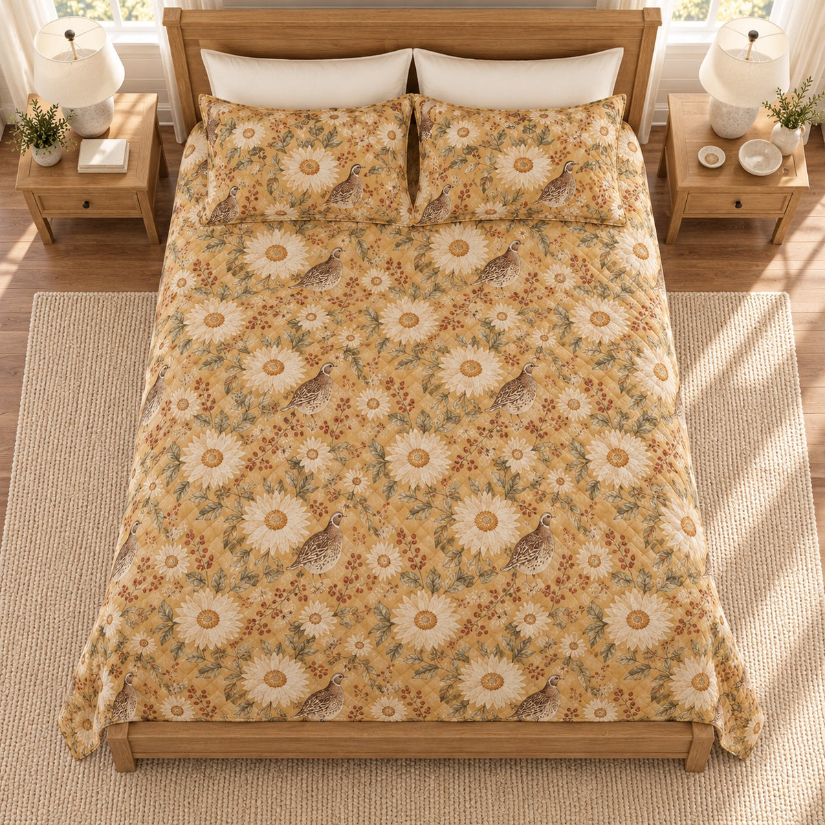 Warm ochre quail sunflower quilt set overhead view