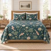 Deep teal koi water lily quilt set front view