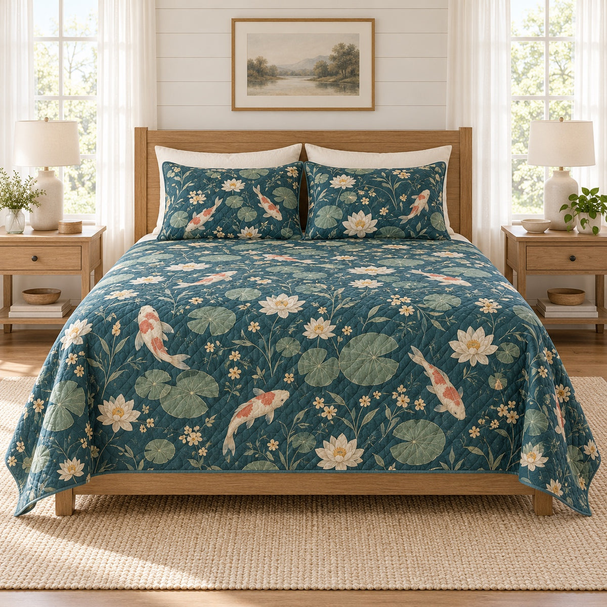 Deep teal koi water lily quilt set front view