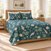 Deep teal koi water lily quilt set left angle