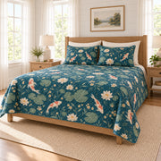 Deep teal koi water lily quilt set right angle