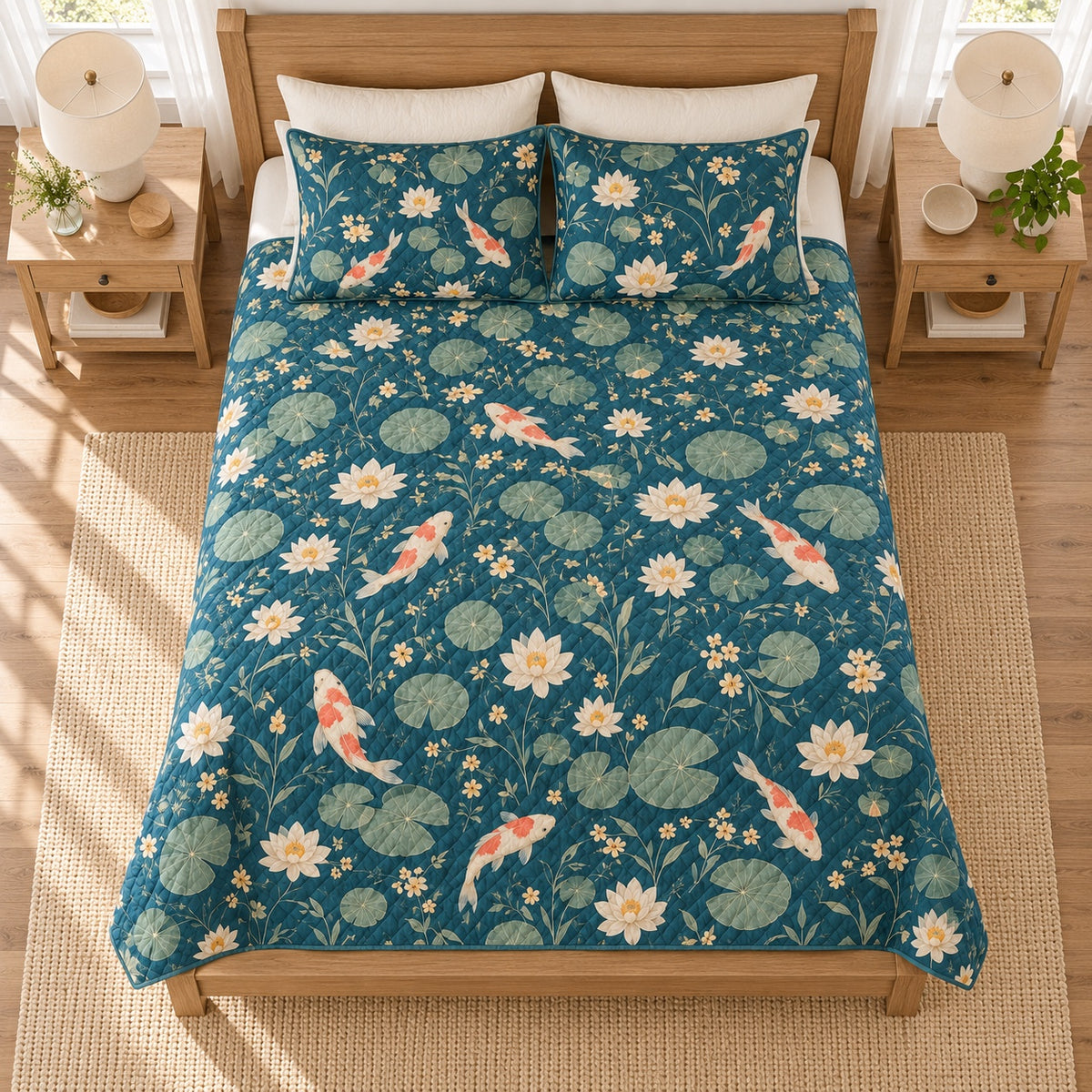 Deep teal koi water lily quilt set overhead view