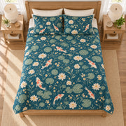 Deep teal koi water lily quilt set overhead view