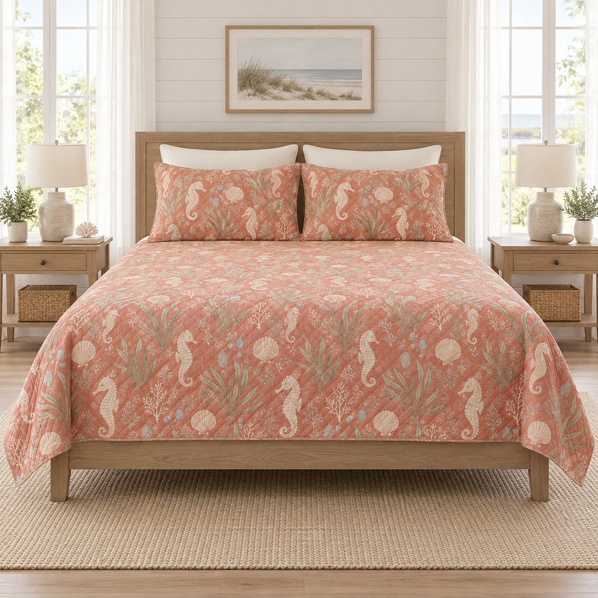 Muted coral seahorse and seagrass quilt set front view