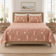 Muted coral seahorse and seagrass quilt set front view