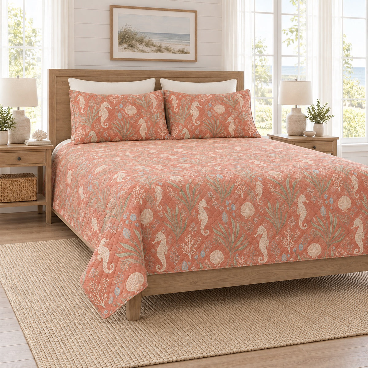 Muted coral seahorse and seagrass quilt set left angle