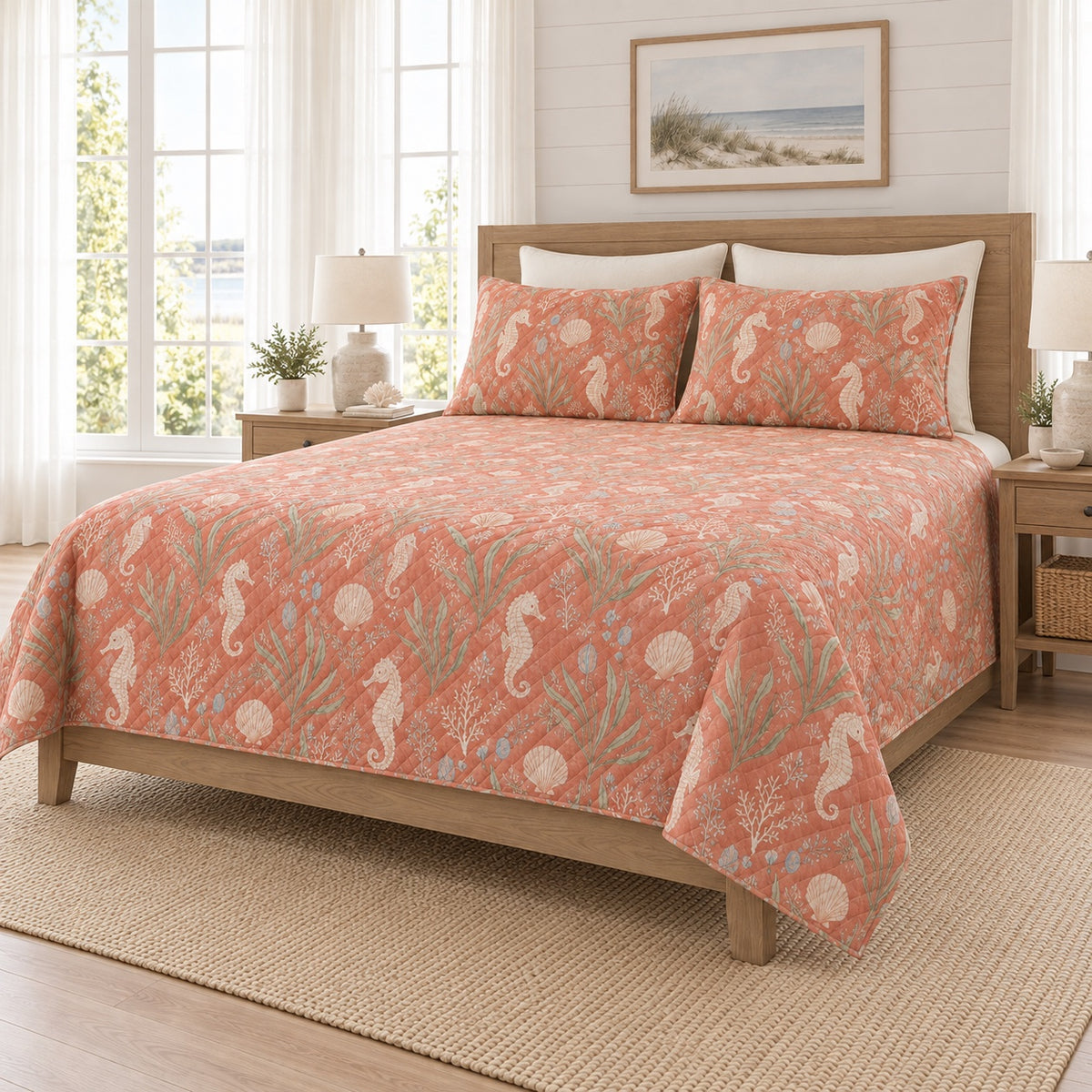 Muted coral seahorse and seagrass quilt set right angle