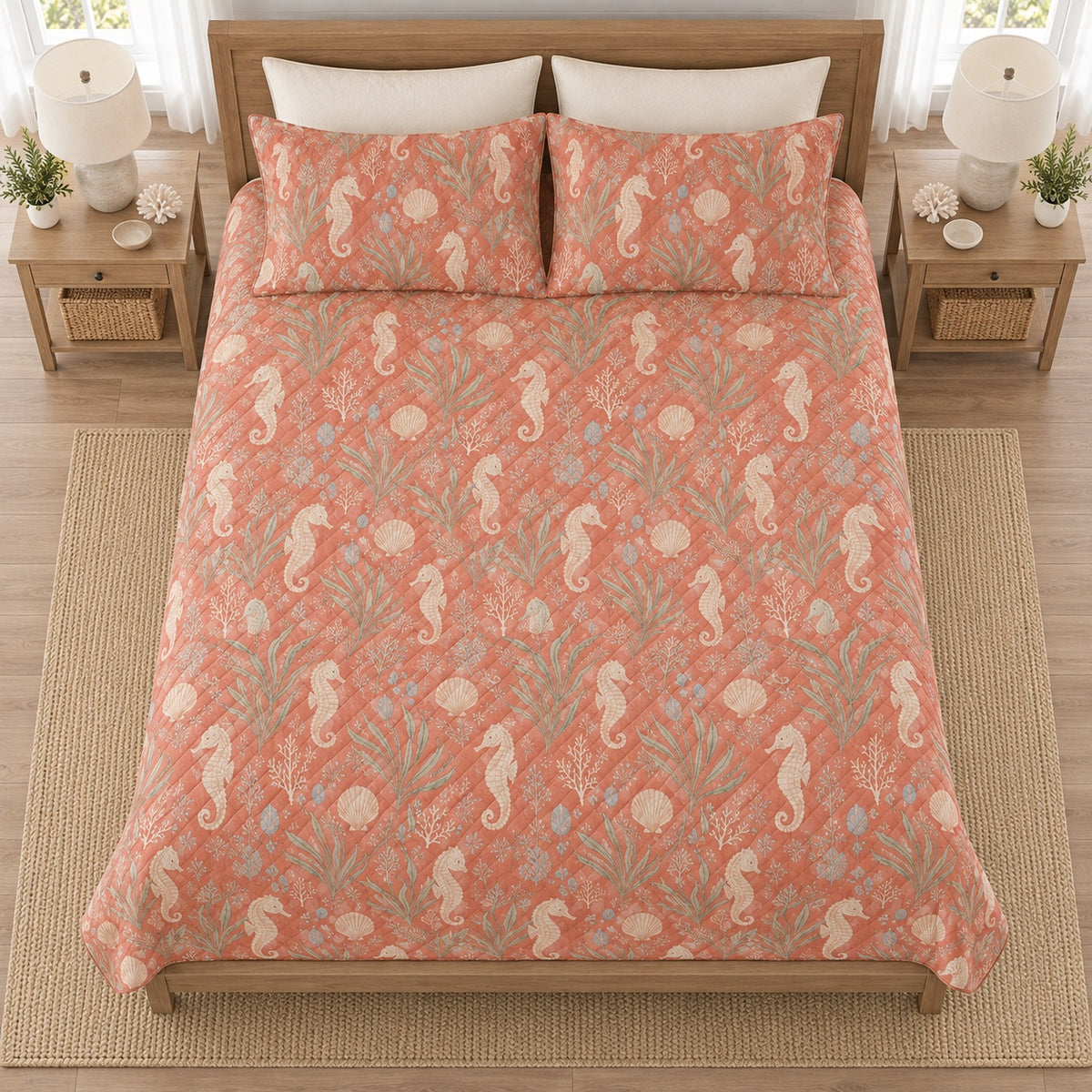 Muted coral seahorse and seagrass quilt set overhead view