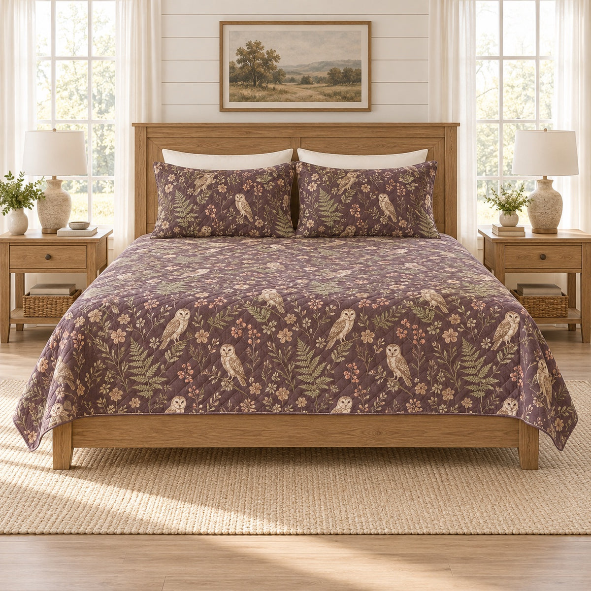 Smoky plum owl and fern quilt set front view