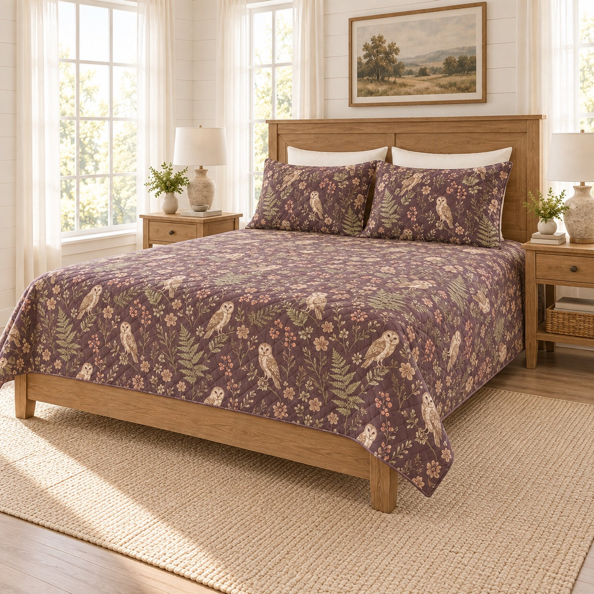 Smoky plum owl and fern quilt set right angle