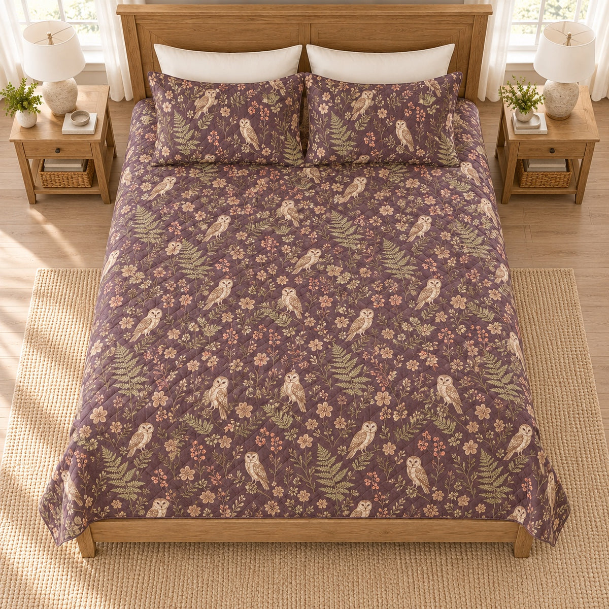Smoky plum owl and fern quilt set overhead view