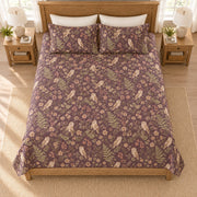 Smoky plum owl and fern quilt set overhead view