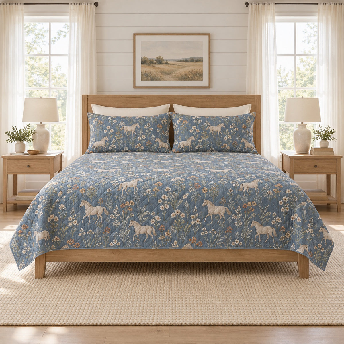 Dusty denim horse and wildflower quilt set front view