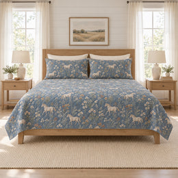 Dusty Denim Horse Wildflower Quilt Set, Meadow Bedding, Gift for Horse Owners