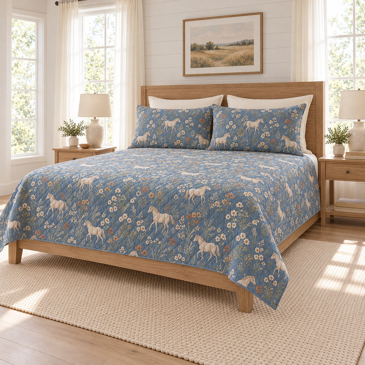 Dusty denim horse and wildflower quilt set right angle