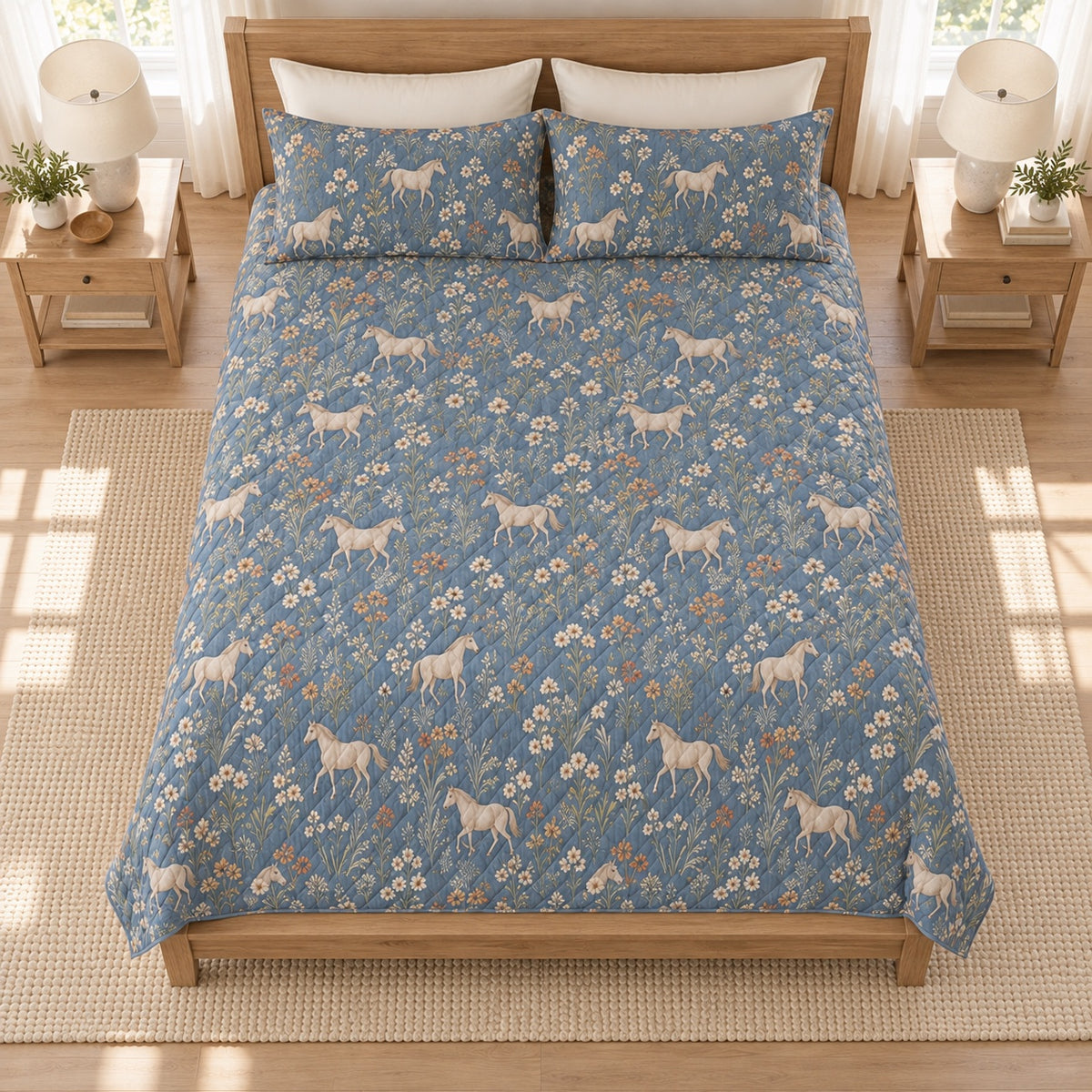 Dusty denim horse and wildflower quilt set overhead view