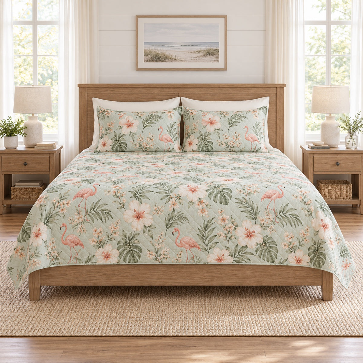 Muted mint flamingo and hibiscus quilt set front view