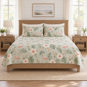 Muted mint flamingo and hibiscus quilt set front view