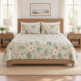Muted Mint Flamingo Hibiscus Quilt Set, Tropical Bedding, Gift for Flamingo Fans