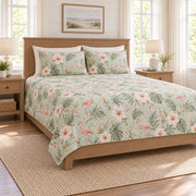 Muted mint flamingo and hibiscus quilt set left angle