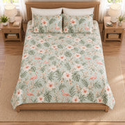 Muted mint flamingo and hibiscus quilt set overhead view