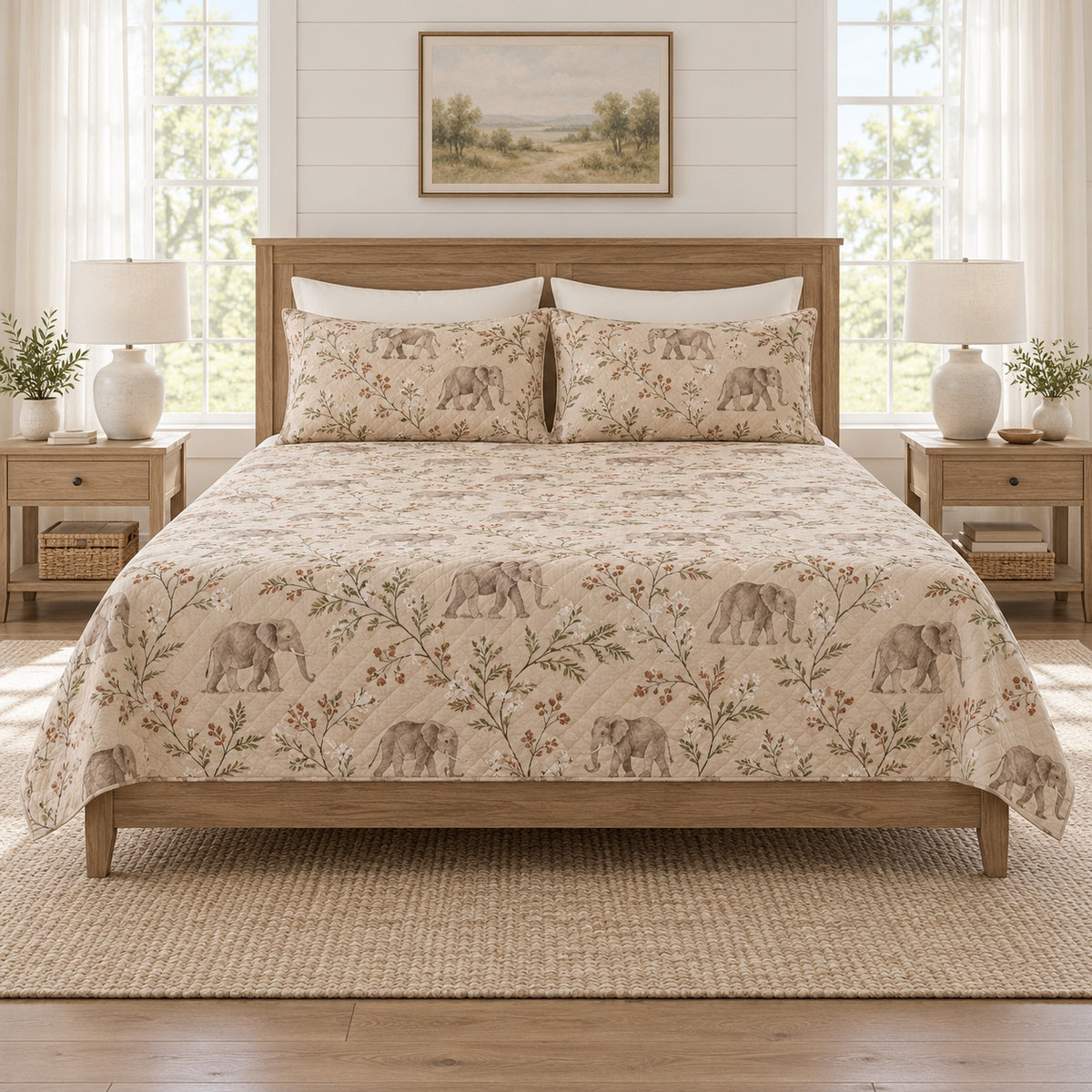 Warm sand elephant and acacia quilt set front view