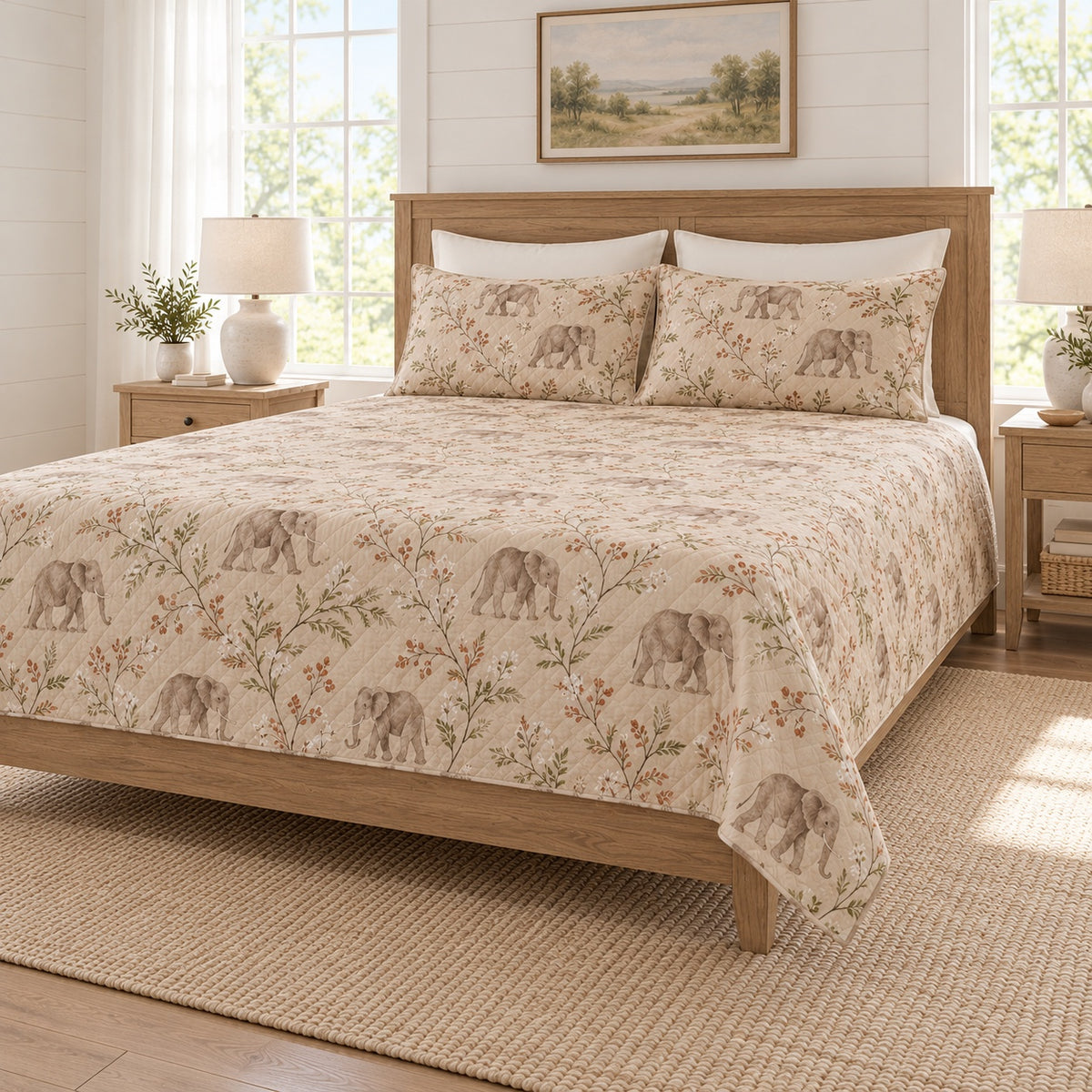 Warm sand elephant and acacia quilt set right angle