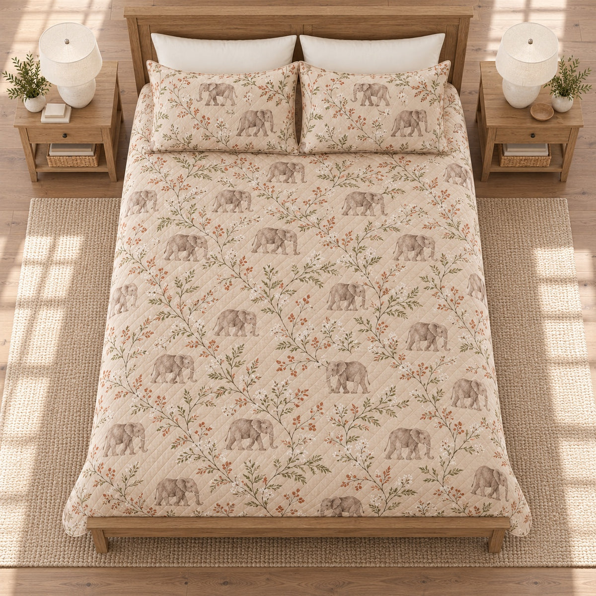 Warm sand elephant and acacia quilt set overhead view