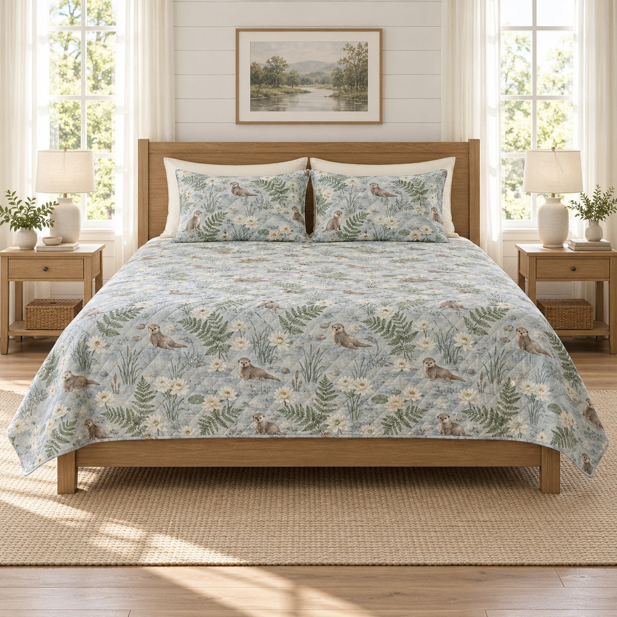 Misty blue river otter and fern quilt set front view