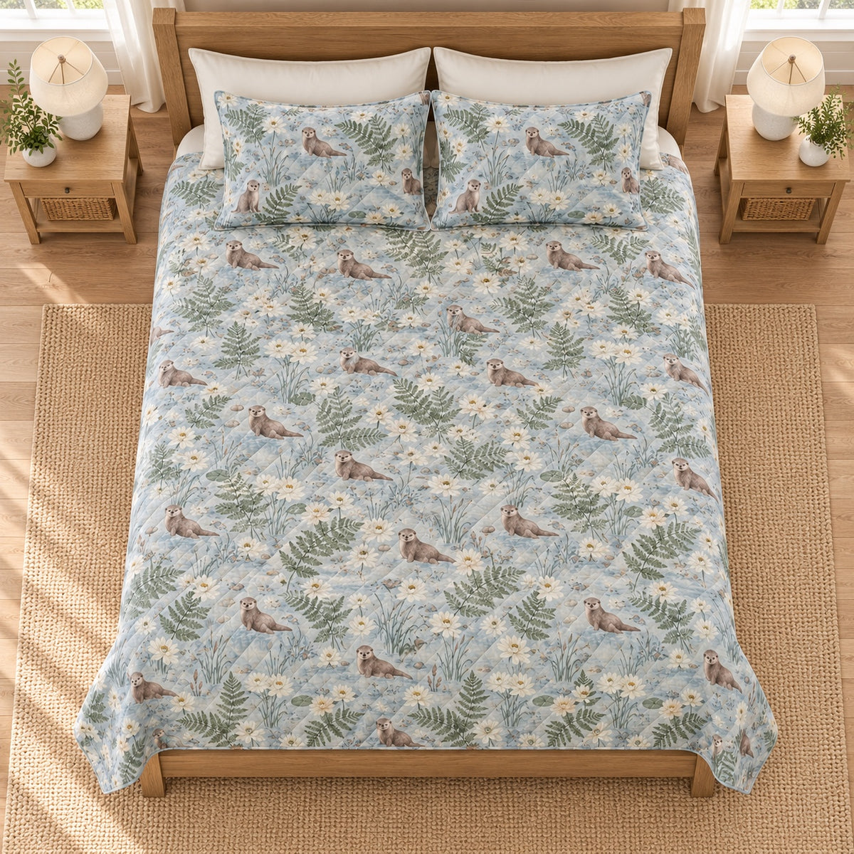 Misty blue river otter and fern quilt set overhead view