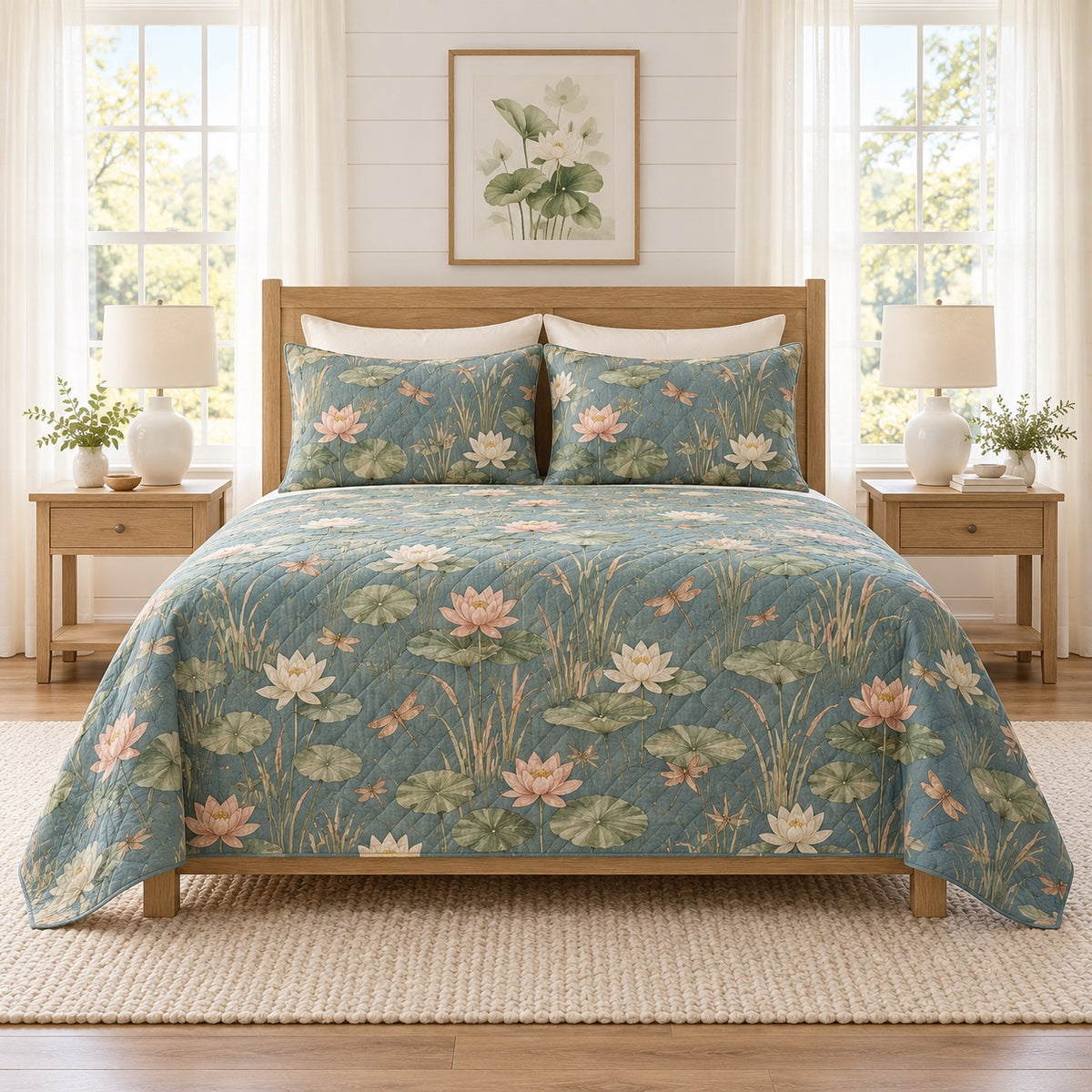 Dusty teal dragonfly and lotus quilt set front hero view