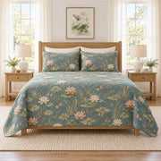Dusty teal dragonfly and lotus quilt set front hero view