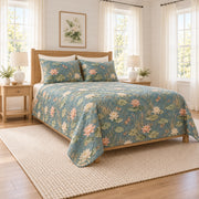 Dusty teal dragonfly and lotus quilt set left angle view