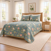 Dusty teal dragonfly and lotus quilt set right angle view