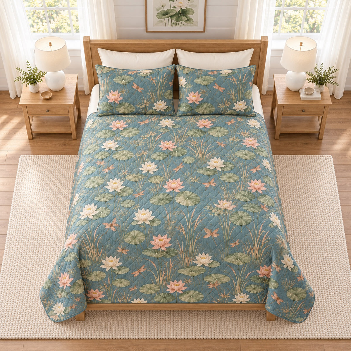 Dusty teal dragonfly and lotus quilt set elevated overhead view