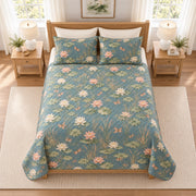 Dusty teal dragonfly and lotus quilt set elevated overhead view