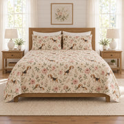 Warm oatmeal Beagle and garden rose quilt set front hero view
