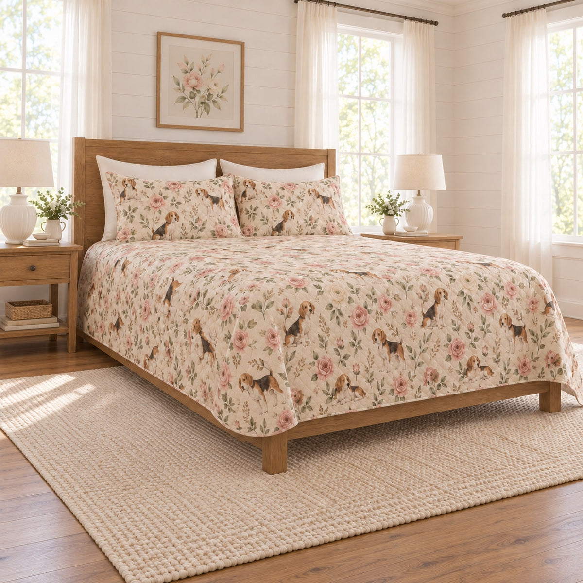 Warm oatmeal Beagle and garden rose quilt set left angle view