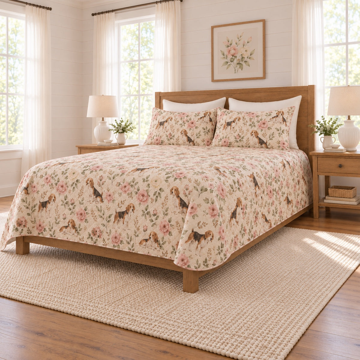 Warm oatmeal Beagle and garden rose quilt set right angle view
