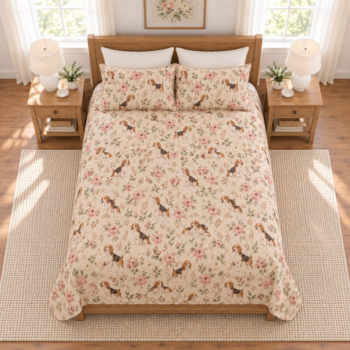 Warm oatmeal Beagle and garden rose quilt set elevated overhead view