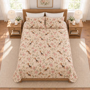 Warm oatmeal Beagle and garden rose quilt set elevated overhead view
