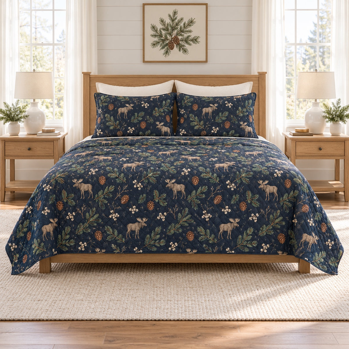 Smoky navy moose and pinecone quilt set front hero view
