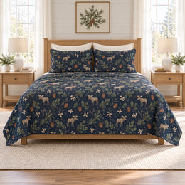 Smoky Navy Moose & Pinecone Quilt Set, Gift for Moose and Cabin Decor Fans