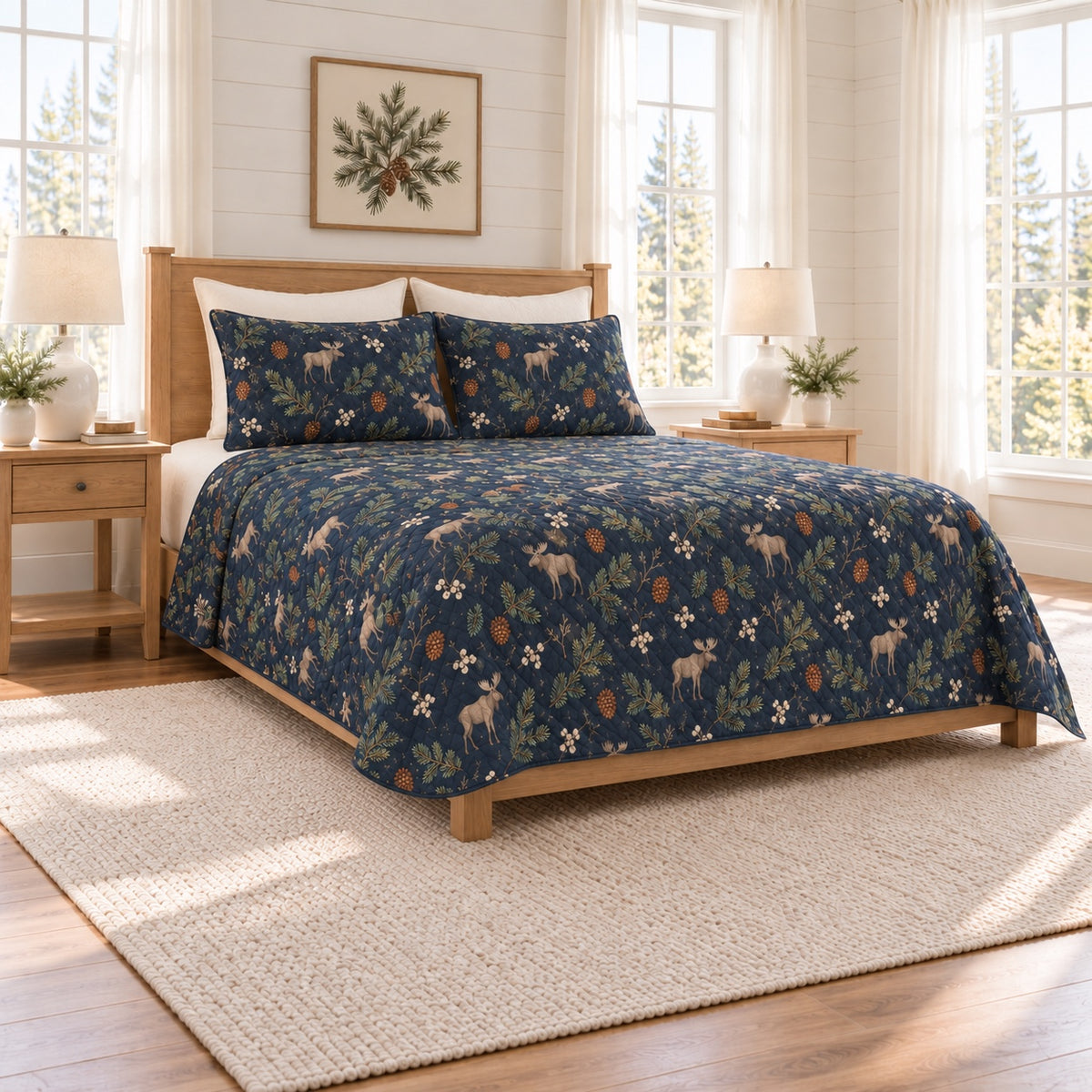 Smoky navy moose and pinecone quilt set left angle view