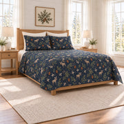 Smoky navy moose and pinecone quilt set left angle view